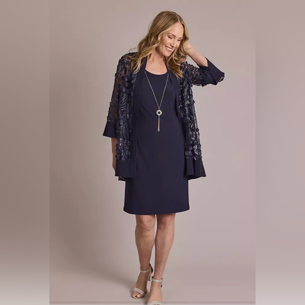 NWT R & M Richards Blue Midi Dress with Floral Sheer Overlay